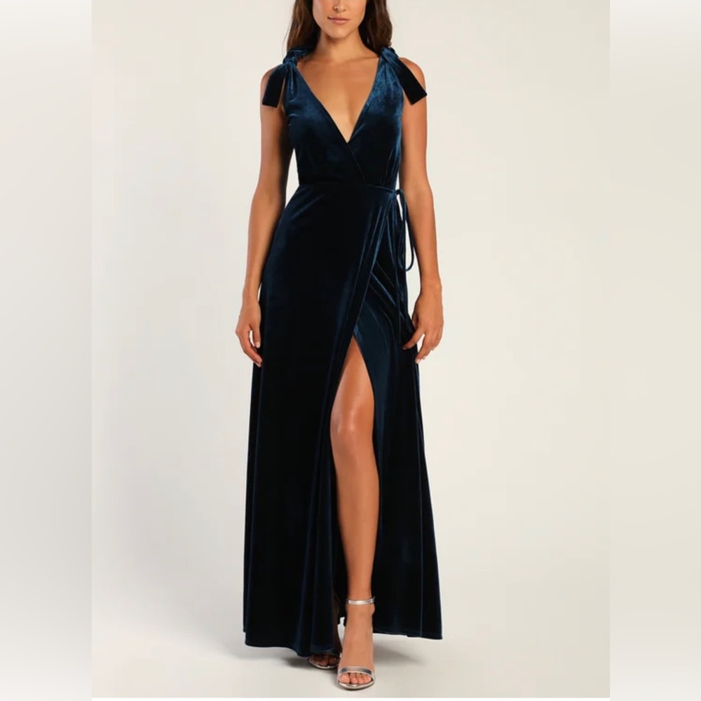 Certainly Stunning Dark Teal Velvet Tie-Strap Wrap Maxi Dress